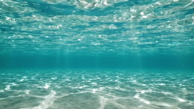 Crystal clear tropical ocean water with sun rays filtering down to the sandy sea floor in 4K resolution