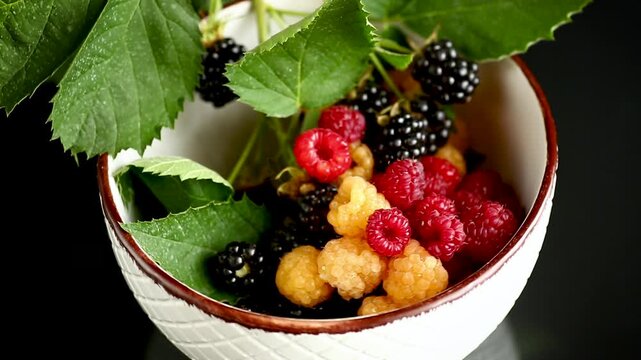 Fresh mixed raspberries blackberries and green leaves in white bowl