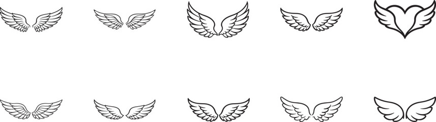 Fototapeta premium Cute angel wings outline silhouette vector icon set, clean line art, editable EPS, isolated on white background.