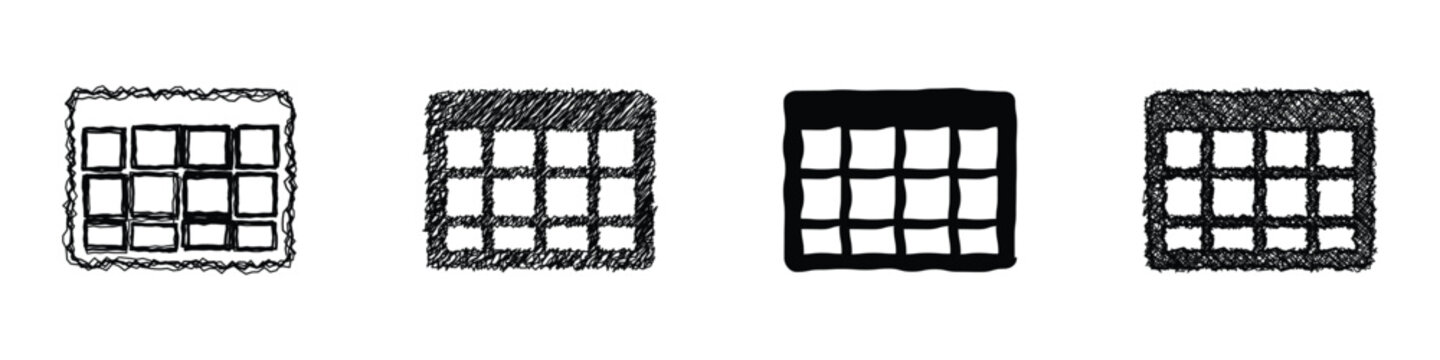A collection of four distinct calendar icons, each rendered with a unique sketchy or scribbled artistic effect on a white background