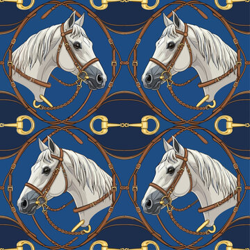 equestrian pattern featuring white horse heads bridles and a seamless design on a deep blue background perfect for luxury textiles.