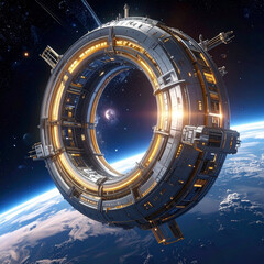 Space station orbiting planet