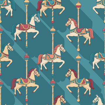 seamless pattern with charming carousel horses and merry-go-round illustration in a vintage style ideal for playful textile design