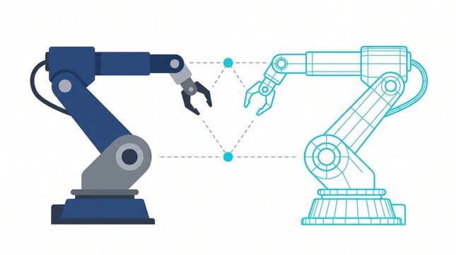 Minimalist 2D flat vector illustration of an industrial robotic arm facing its glowing wireframe digital twin concept