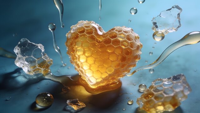 Heart Shaped Honeycomb with Dripping Honey and Water Droplets.