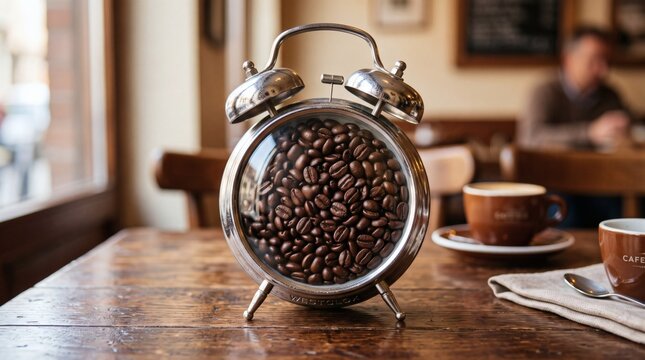 Alarm clock filled with coffee beans on a wooden table in a cafe setting.