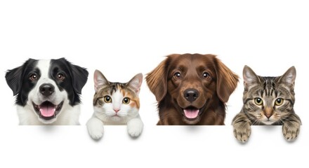Naklejka premium Group of Happy Dogs and Cats Peeking Over a White Banner Isolated on White Background
