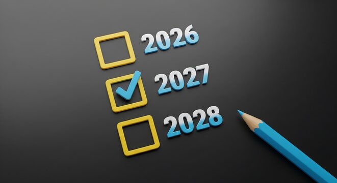Checklist with years 2026 2027 and 2028 and a blue pencil