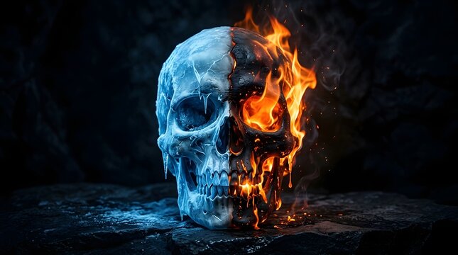 Half-burning skull with flames engulfing one side, creating a dramatic and intense horror visual.