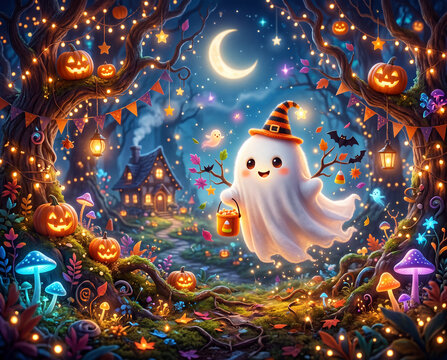S&uuml;&szlig;er Halloween Geist im Zauberwald, 3D Design