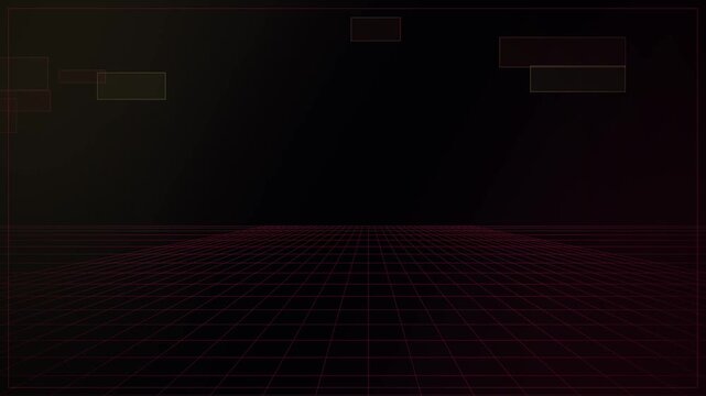 Floating colored rectangles drifting over digital perspective grid with motion blur, perspective view, dark background, neon colors