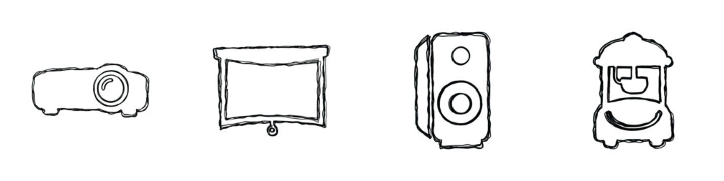 A set of four hand-drawn style icons representing a projector, screen, speaker, and popcorn machine