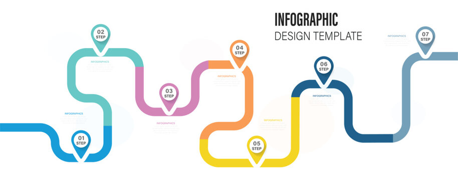 Steps business data visualization timeline process infographic template design. Abstract business rounded infographic template with 7 options. Vector illustration.	
