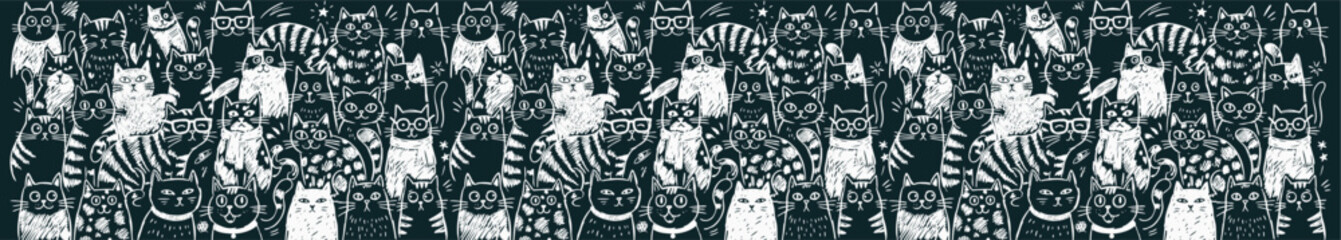 Fototapeta premium Cat Seamless Pattern Vector Banner Hand Drawn Kitten Line Art Doodle Illustration Feline Face Border Dark Background