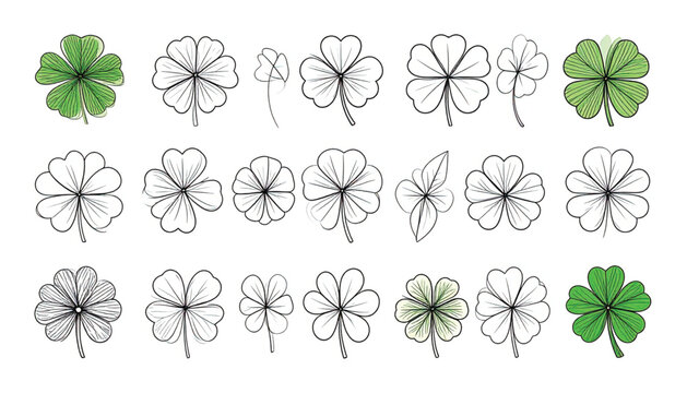Seamless pattern of hand-drawn clover leaves, black outline on white background. St. Patrick's Day, luck, nature, botany, vintage style illustration.
