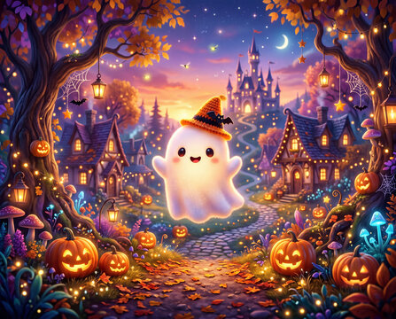 S&uuml;&szlig;er Halloween Geist auf dem K&uuml;rbisweg, 3D Design