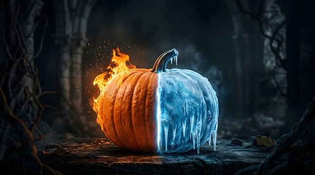 Split pumpkin with one side burning in flames and the other frozen in ice, symbolizing contrast and fantasy.