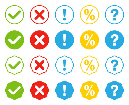 Validation status icon set. Validation, approval, rejection, warning and verification symbols with percentage and question mark in outlined, filled and badge styles for UI, apps, dashboards