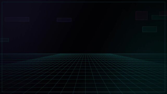 Grid floor extending to horizon in dark virtual space, perspective, forward motion, vanishing point, center perspective