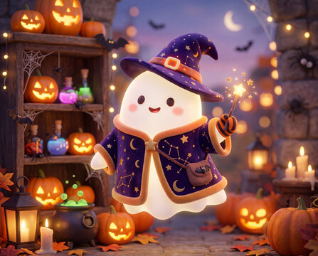 S&uuml;&szlig;er Halloween Geist im Zauberer Kost&uuml;m, 3D Design
