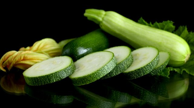 Garden grown zucchini squash with fresh leaves on black reflective background