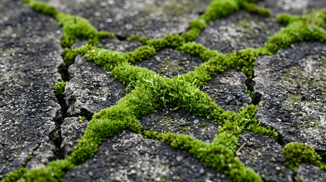 Green moss growing through cracks in dark concrete pavement