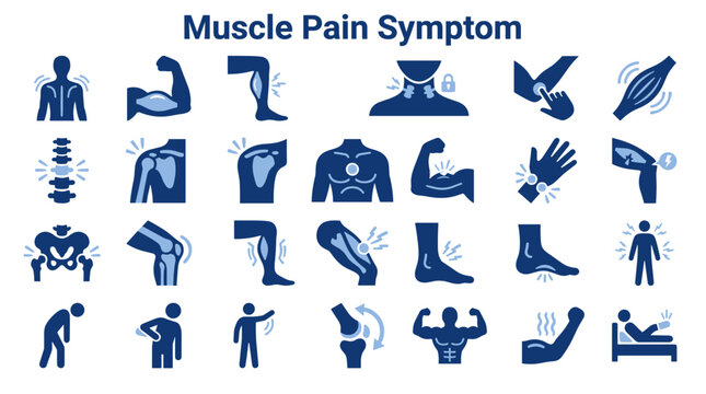 Set of human body muscle pain and injury icons demonstrating various physical discomforts and medical conditions in a clean minimalist blue style