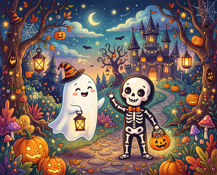 S&uuml;&szlig;er Halloween Geist und ein s&uuml;&szlig;es Skelett, Cartoon Design