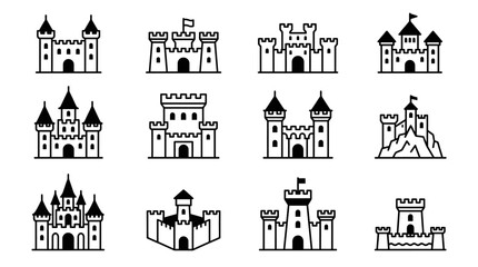 Fototapeta premium Set of various castle and fortress icons in black and white line style.