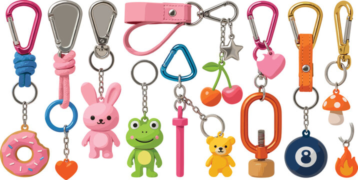PrintCute Keychain Trinket Icon Set with Cartoon Frog Rabbit Bear Cherry Mushroom Donut and Heart Keyrings for Creative Accessory Graphic Designs