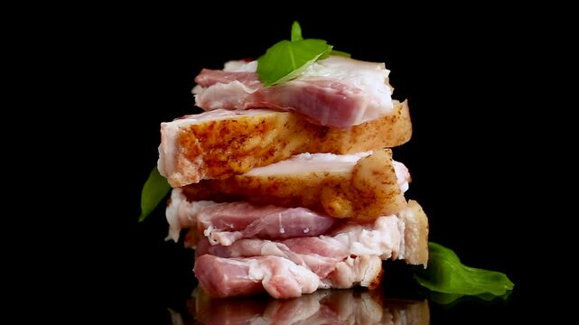 Premium pork lard slices with vibrant basil on black studio background