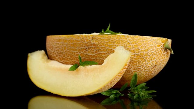 Delicious ripe cantaloupe with aromatic herbs on glossy black background