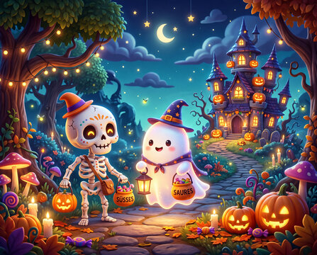 S&uuml;&szlig;er Halloween Geist und Skelett vor einem Schloss, 3D Design