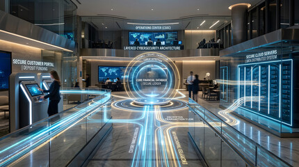 Obraz premium Modern financial operations center with advanced cybersecurity architecture and secure cloud server infrastructure