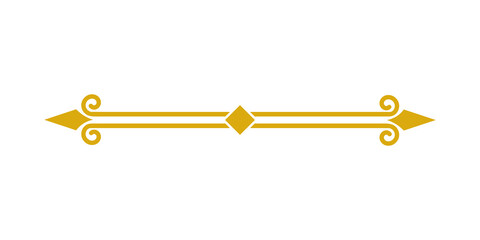 Golden decorative horizontal line divider with arrowheads, scrolls, and a central diamond shape, isolated on transparent background © TawfikStock