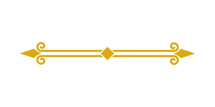 Golden decorative horizontal line divider with arrowheads, scrolls, and a central diamond shape, isolated on transparent background