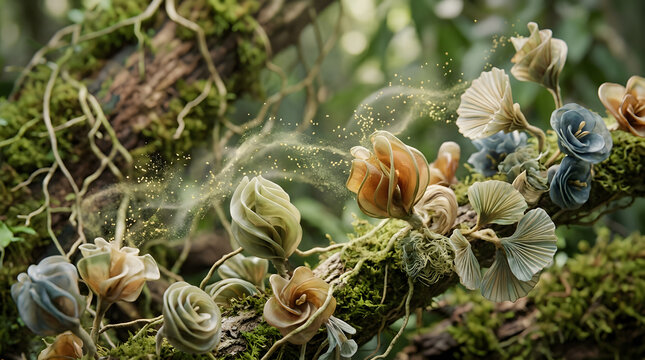 Enchanted forest fungi and flower-like mushrooms on mossy branch