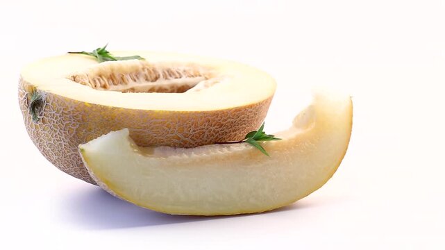 Organic cantaloupe melon with fresh basil on bright white background