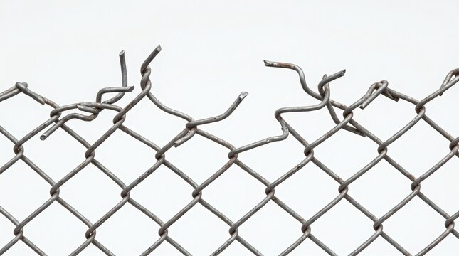 Broken Chain Link Fence Against White Background.
