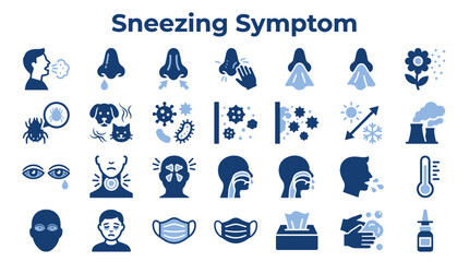 Set of sneezing and allergy symptom icons representing medical issues and health protection measures for flu and respiratory disease prevention