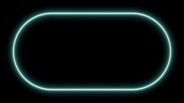 Neon rounded rectangle rotating on black background with glowing edge, rotation, front view, cyan