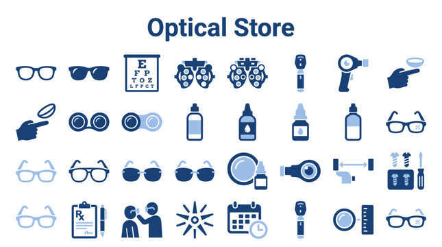 Set of blue optical store icons featuring eyewear equipment eye charts and medical tools for optometrist ophthalmology services
