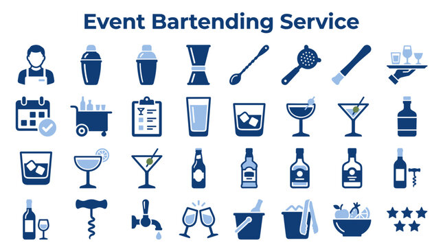 Set of blue bartending icons for event service including cocktail tools drinks and bar supplies for professional catering and party planning business