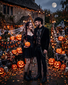 Paar im Gothic Look, vor einer Halloween Dekoration