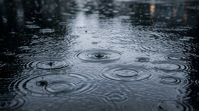 Raindrops creating concentric ripples on dark water surface