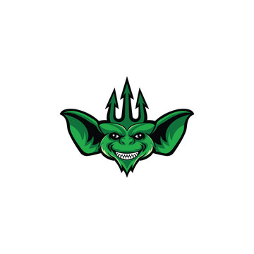 Green goblin with trident logo evil creature fantasy illustration.