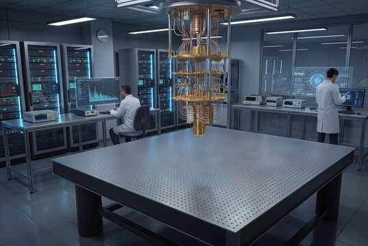 Scientists in a high-tech laboratory working with advanced quantum computing equipment and servers.