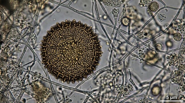 Intricate fungal spore and mycelium network under microscope