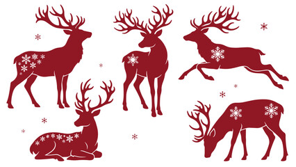 Festive red reindeer silhouettes with white snowflake patterns in various poses on white background © Abrar Hussain Studio