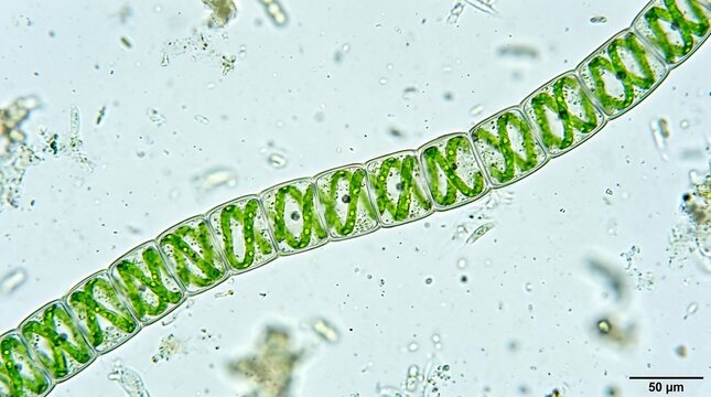 Microscopic view of spirogyra green algae cells in a chain